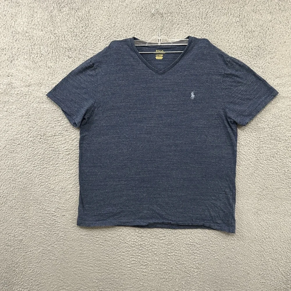 Polo Ralph Lauren Shirt Mens Large Blue V Neck Cotton Tagless Logo Short Sleeve